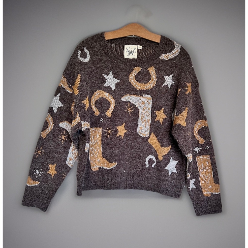 Cotton & Rye Western Cowgirl Boots Equestrian Horseshoe Sparkle Knit Sweater M